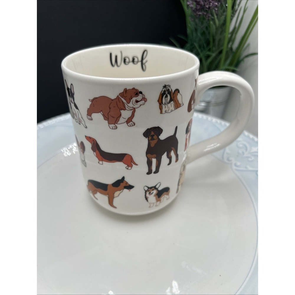 Woof White Brown with Dog Breeds All Over Coffee, Tea Mug 16 oz By Mainstay 4.5"
